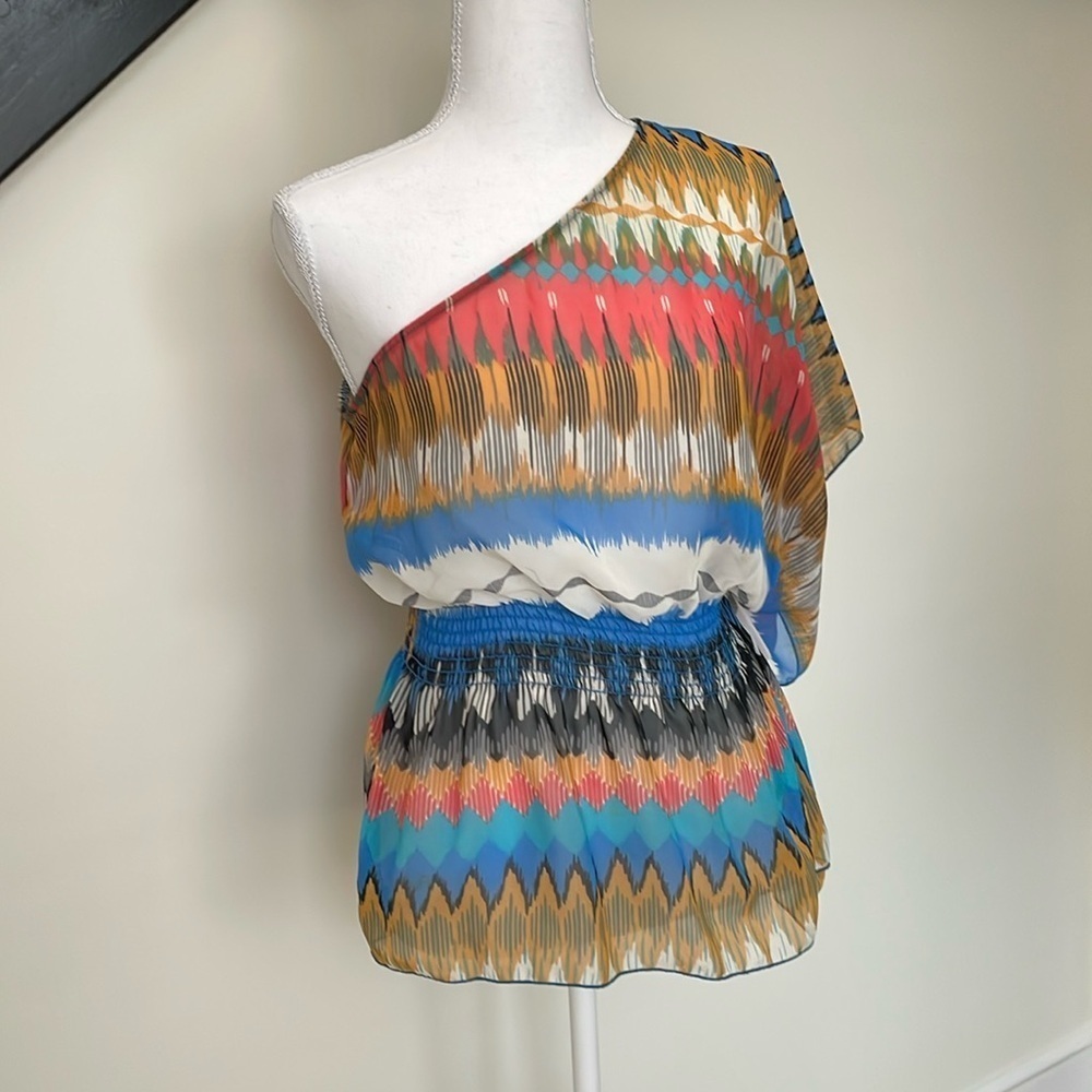 Papaya Colorful One Shoulder Sheer Smocked Peplum Top